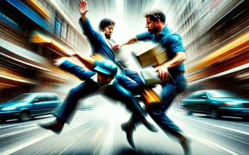 Blurred chaos with men in streets tussling